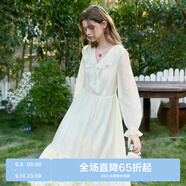 樂町花邊領(lǐng)設(shè)計(jì)連衣裙25年春季新款重工天絲拼接長袖裙大裙擺長裙 云霧白（現(xiàn)貨） S