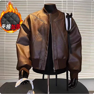 舉風(fēng)美式解構短款皮衣外套男高級感痞帥機車(chē)棒球服潮牌工裝飛行員夾克 CQ333咖啡色【冬季加棉加棉】 L 【110-130斤】可穿