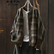 YJ.BoShe針織外套女秋新款文藝復古條紋拼色寬松外穿毛衣棉線(xiàn)蝙蝠袖針織衫 咖色 均碼