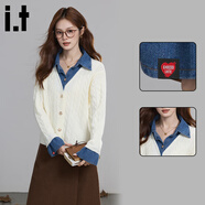 :CHOCOOLATE  it女裝時(shí)尚白色翻領(lǐng)假兩件針織開(kāi)襟毛衣女冬季新款百搭上衣潮 白色 均碼