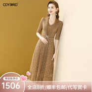 歐迪鳥氣質(zhì)假兩件連衣裙女夏季2025新款收腰顯瘦西裝領(lǐng)蕾絲百褶裙子 卡其色 S