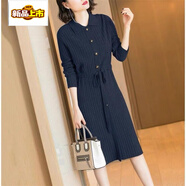 初徑娃娃領(lǐng)連衣裙女秋冬中長(cháng)款新款春秋洋氣外穿打底毛衣裙子過(guò)膝 藏青色 2XL 建議125-135斤