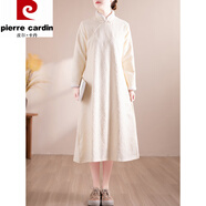 皮爾卡丹（pierre cardin）國風(fēng)毛領(lǐng)加絨長(cháng)袖連衣裙女復古文藝民族風(fēng)寬松顯瘦中長(cháng)款秋冬裙子 米白色毛領(lǐng)連衣裙 均碼