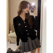 新品韓版減齡學(xué)院風(fēng)刺繡小徽章金扣圓領(lǐng)針織衫開(kāi)衫毛線(xiàn)衫毛衣外套 靚黑毛衣[同款高品單件] S碼[75-95斤]秋冬時(shí)尚新款 均碼