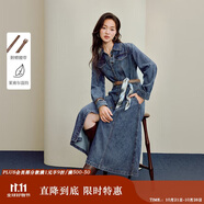 茵曼復古牛仔連衣裙2025秋女裝新款修身長袖中長款A(yù)字裙 淺普藍 XL
