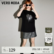 VEROMODA新款復古時髦純棉亮片裝飾短袖t恤女女短袖女早秋上衣 黑色-A L