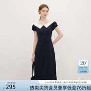 范思藍恩撞色拼接燈籠袖連衣裙女2025夏新款一字襯衫領中長裙2849 藏藍色 S
