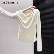 拉夏貝爾不規則長(cháng)袖打底衫女2025新款春秋純欲修身露肩內搭上衣 杏色 M