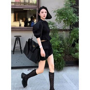 法式大碼黑色短袖套裝女2025新款泡泡袖短款襯衫a字半 黑色短褲 S80-95 均碼