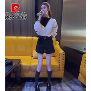皮爾卡丹（pierre cardin）春季減齡穿搭一整套2025新款設計感翻領(lǐng)拼接針織毛衣+短褲兩件套 單-黑色短褲 S 建議85-100斤