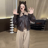 CEENIU加棉加厚皮衣外套女秋季新款洋氣小個(gè)子百搭休閑短款皮夾克上衣潮 咖色 XL 【120-135斤】