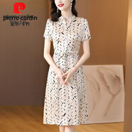 皮爾卡丹重磅真絲連衣裙女2025年夏季新款高擋韓版名媛修身顯瘦桑蠶絲裙子 桑蠶絲100%連衣裙杏色 廣州十三行連衣裙M 建議95-105斤