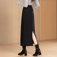 vuzrmm冬季黑色開(kāi)叉羊毛呢半身裙女高腰a字顯瘦直筒裙一步包臀長(cháng)裙 黑色 M 腰圍2尺-2.1尺裙長(cháng)85