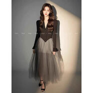 日本代購赫本風(fēng)黑色網(wǎng)紗拼接連衣裙女春2025新款獨特超好看西裝裙 黑色連衣裙 L