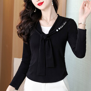對蘭長(cháng)袖女士T恤2025秋季新款設計感刺繡遮肚子顯瘦上衣體恤打底小衫 黑色 M