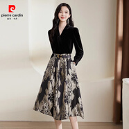 皮爾卡丹金絲絨提花連衣裙女秋冬新款氣質(zhì)復古高級感收腰假兩件裙子 黑色 L