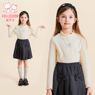 富羅迷女童打底衫春秋季甜美花邊圓領(lǐng)上衣小女孩百搭長(cháng)袖T恤 米色 120