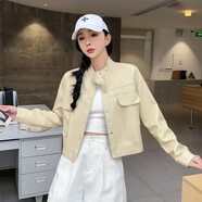 落跑姐妹（Runaway Sisters）春季寬松水洗PU皮衣女長(cháng)袖機車(chē)服短外套韓版夾克女士上衣605 淺黃色(有墊肩) 單里 M 建議80-100斤