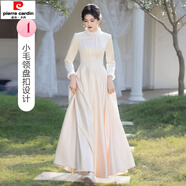 皮爾卡丹中式伴娘服2025新款秋冬季長(cháng)袖姐妹團緞面加絨小眾禮服裙長(cháng)款 A款小毛領(lǐng)盤(pán)扣設計 S