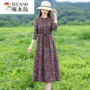 啄木鳥(niǎo)高端早秋長(cháng)袖碎花高端棉麻連衣裙2025新款女士時(shí)尚氣質(zhì)春秋季裙 咖啡色 XL(建議115-125斤 高品質(zhì))