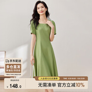 尚都比拉短袖連衣裙女夏季時尚通勤中長款a字裙釘珠收腰顯瘦裙子 綠色 L