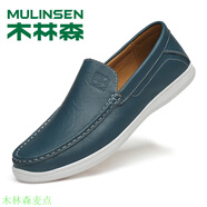 木林森男鞋秋季新款男士百搭休閑皮鞋豆豆鞋男頭層牛皮輕便透氣商務(wù)皮鞋 藍色 37