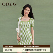 OBEG歐碧倩U領(lǐng)薄荷曼波針織連衣裙夏修身棋盤格短裙10462045 果綠格 XS /155/34