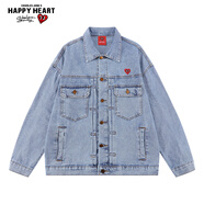 查爾斯桃心 美式復古休閑磨白牛仔外套男工裝多口袋2026新款秋季愛(ài)心夾克 牛仔藍【8808】 L