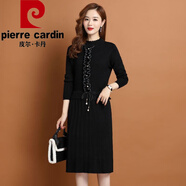 皮爾卡丹（pierre cardin）2025秋冬新款韓版加絨加厚針織連衣裙女長(cháng)款過(guò)膝配大衣打底毛衣裙 Q85-H-黑色 M 建議85-100斤