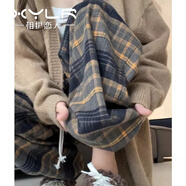 相伊戀人休閑褲女秋冬季25年新款學(xué)生寬松高腰闊腿褲小個(gè)子顯瘦直筒山本褲 黃色格子-常規【春秋磨毛款】 M 碼【適合96-110斤】