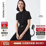 朗姿【尖貨補(bǔ)單】黑白色顯瘦輕禮服襯衫連衣裙女夏新款復(fù)古小黑裙裙子 黑色 S 155/76A
