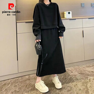 皮爾卡丹（pierre cardin）慵懶風(fēng)時(shí)尚洋氣衛(wèi)衣連體裙套裝女2025春秋新款大碼胖MM減齡半身裙 黑色 L (建議110斤以內(nèi))