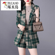 啄木鳥(niǎo)（TUCANO）格子毛呢西裝外套短褲兩件套女2025春季新款小個(gè)子時(shí)尚小香風(fēng)套裝 綠色 3XL (建議135-150斤 高品質(zhì))