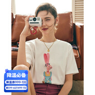 Olrain歐芮兒法式正肩短袖T恤女夏季寬松釘珠印花設計感體恤上衣 米白色 L