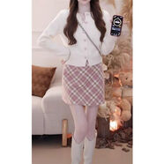 大碼秋冬胖mm粉色格子毛呢包臀半身裙女高腰顯瘦格紋a字新款長(cháng)裙 粉色*毛呢裙【防走光】短款 S  建議80-98斤