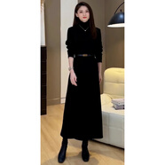 木清清2024秋冬季新款女裝時(shí)尚黑色毛衣連衣裙中長(cháng)款氣質(zhì)搭配大衣小香風(fēng) XL黑色連衣裙