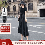 絲柏舍2025春夏裝新女士短袖顯瘦拼接不規(guī)則長裙綁帶連衣裙