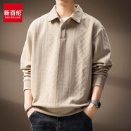 新百倫高端菱形格提花長(cháng)袖針織衫男秋冬季肌理感寬松翻領(lǐng)毛衣男加絨加厚 灰杏 L  適合120-140斤