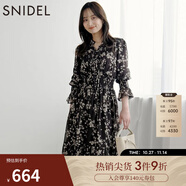 SNIDEL秋冬甜美碎花系帶收腰百褶雪紡連衣裙SWFO245033 棕色 S （0）