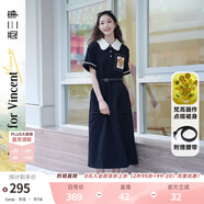 兩三事梵高文藝 梵花遺夢 2025夏季新款印花布拼接撞色翻領(lǐng)連衣裙 黑色  L