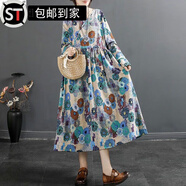 山頭林村艾德萊斯連衣裙6512#文藝復古棉麻碎花長(cháng)袖連衣裙女2024秋季斜襟V 藍色 L  115-130斤