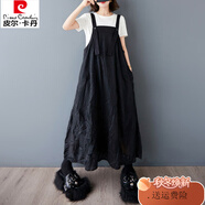 皮爾卡丹2025夏新款寬松蕾絲休閑背帶裙大碼簡約通勤甜美連體吊帶褲裙 黑色 均碼 建議100-200斤