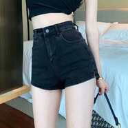 褲腳開叉高腰彈力淺藍(lán)色牛仔短褲女夏季韓版百搭顯瘦外穿闊腿熱褲 黑色 XS