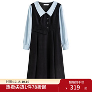 獨束大碼女裝假兩件撞色襯衫領連衣裙女秋冬微胖mm文藝復古穿搭裙子 墨染黑【適合160左右】 3XL