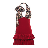 SY辣妹夜店蹦迪性感豹紋印花低胸蝴蝶結心機露背掛脖連衣裙 紅色 M