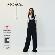 MO&Co.背帶褲小香風(fēng)粗花呢高腰寬松及地直筒休閑褲長褲設(shè)計感摩安珂 黑色 S 160