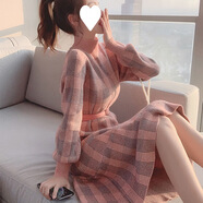 高領(lǐng)加厚毛衣裙女秋春季新款中長(cháng)款過(guò)膝荷葉邊收腰針織打底連衣裙 粉紅色送腰帶 S （80-95斤