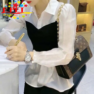 EPET名媛風(fēng)假兩件雪紡襯衫女春秋韓版拼接POLO領(lǐng)顯瘦白色襯衣上衣 白色長(cháng)袖 S 建議80-90