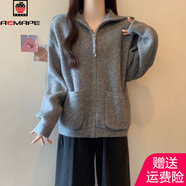 AEMAPE設計感灰色翻領(lǐng)拉鏈毛衣外套女2025秋冬新款寬松加厚開(kāi)衫針織衫女 灰色 L 101-110