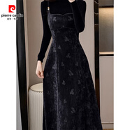 皮爾卡丹法式絲絨吊帶裙兩件套秋季連衣裙穿搭套裝女背心裙高級感2025新款 黑色吊帶裙 XL 【115-130斤】